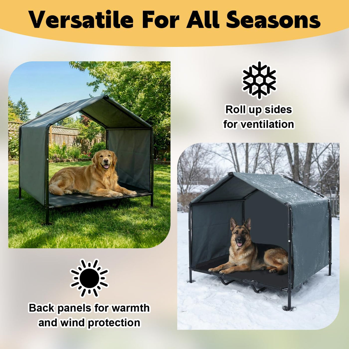 large dog shade with elevated dog bed, waterproof, close-up detail