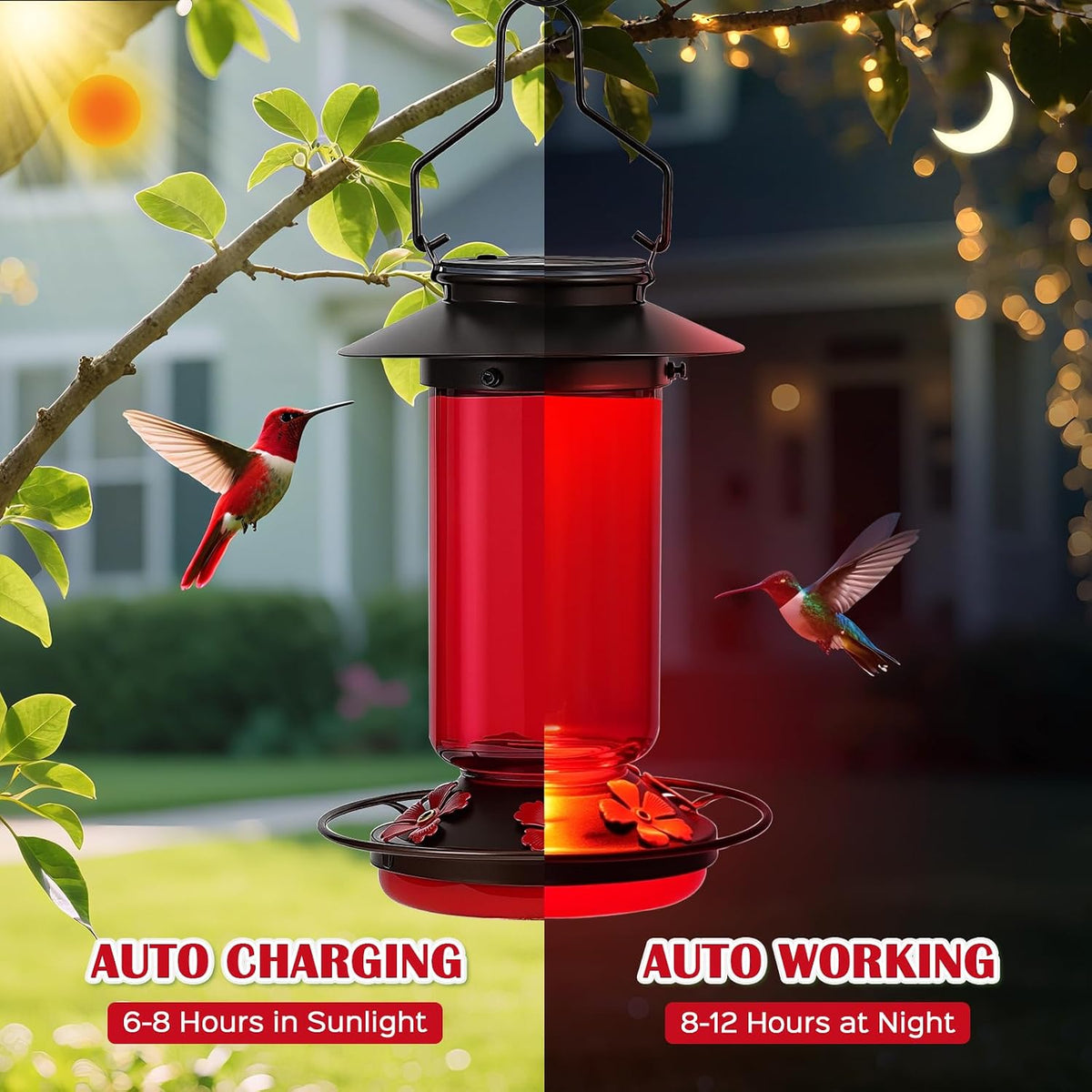 tansoren solar hummingbird feeder for outdoors hanging glass shown in use