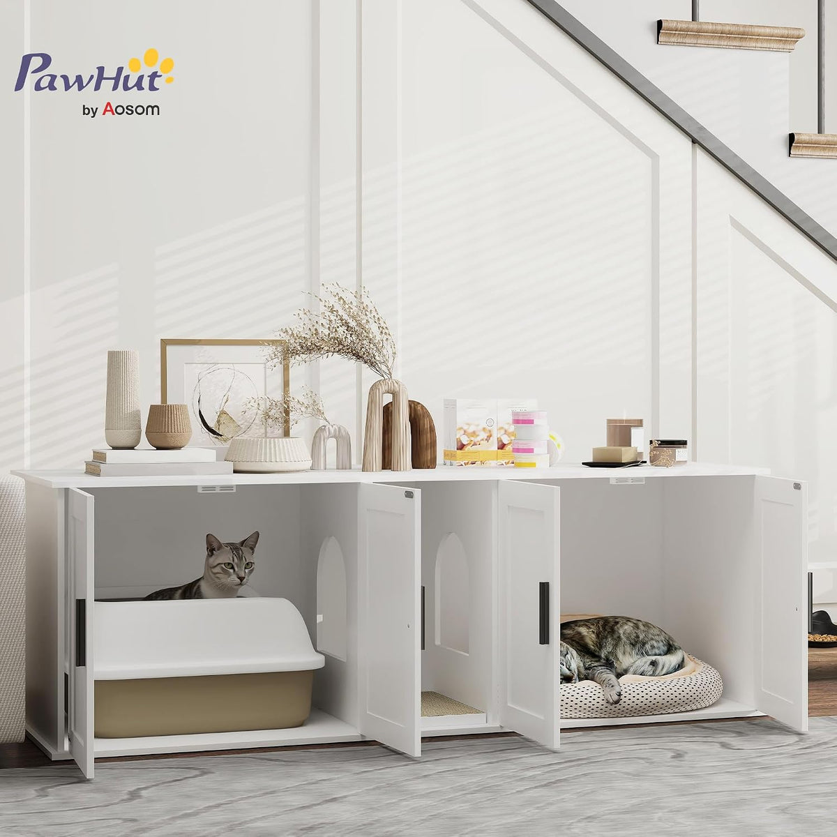 pawhut cat litter box enclosure for 2 cats shown in use