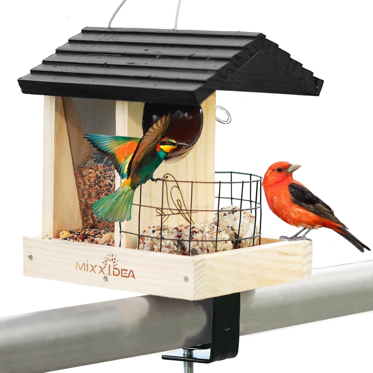 mixxidea wooden deck bird feeder for railing, balcony, main product view