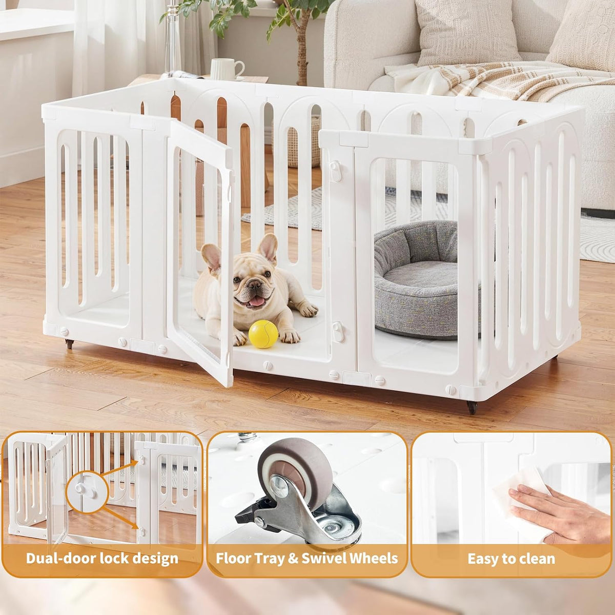 movable acrylic dog playpen indoor with bottom panels showing dimensions
