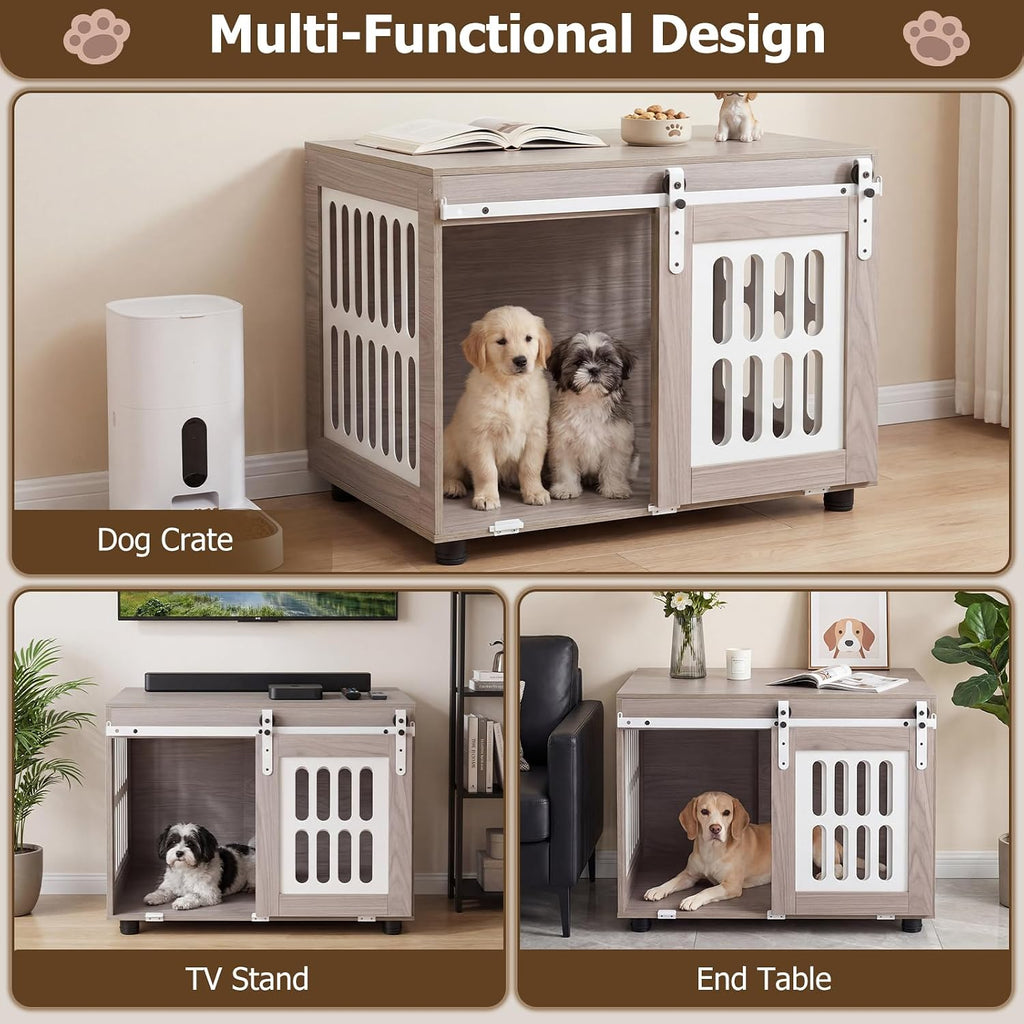 petsite farmhouse wooden dog crate furniture with sliding, side view
