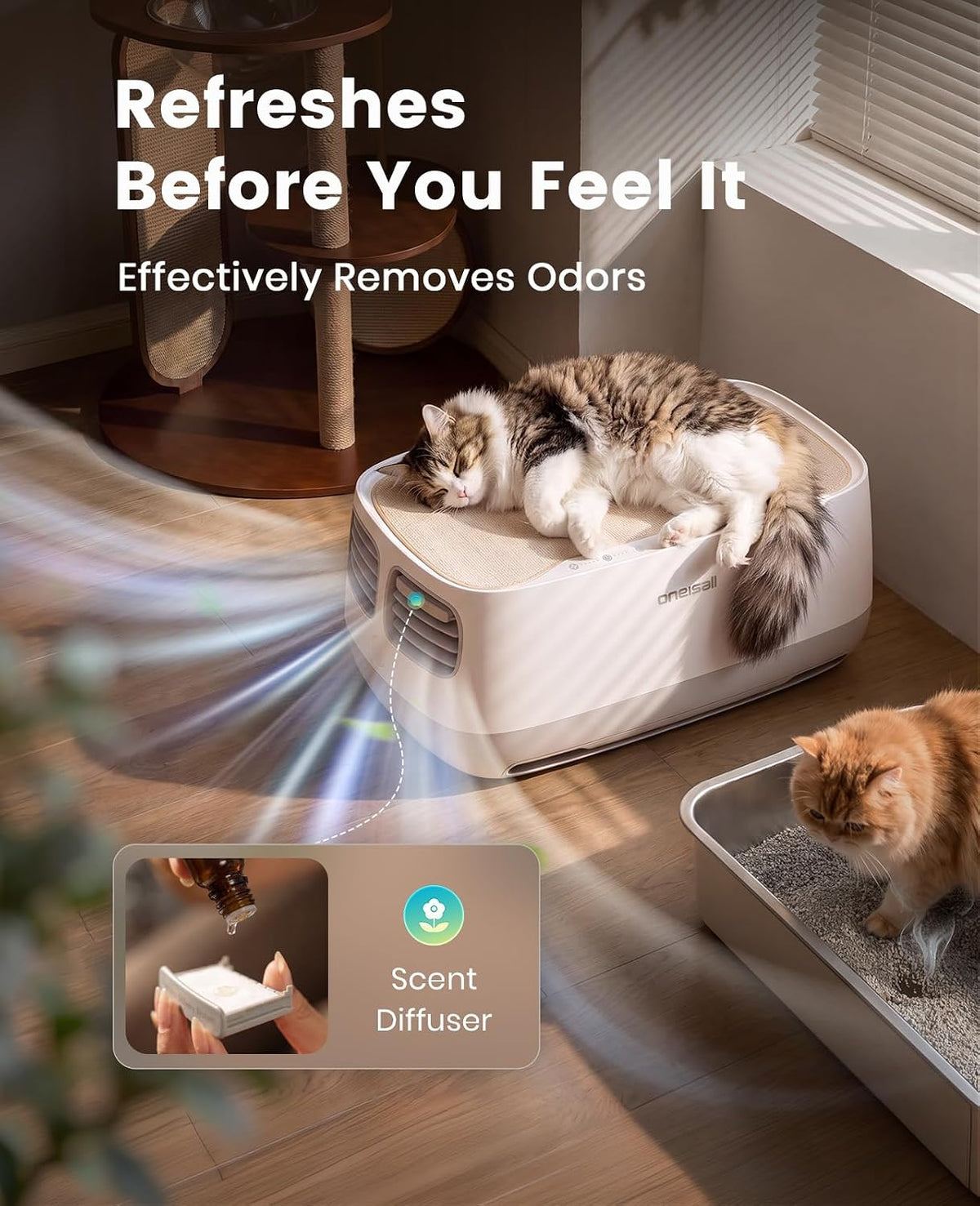 oneisall pet air purifier with 3-side air intake&hair showing dimensions