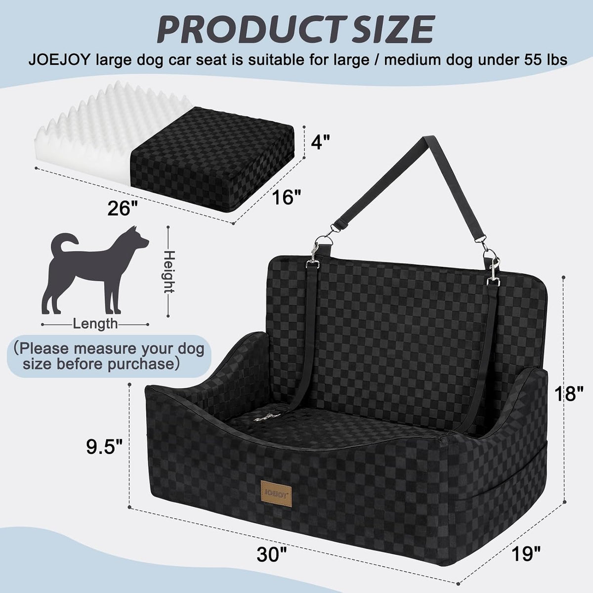 joejoy dog car seat for medium/large dogs showing dimensions