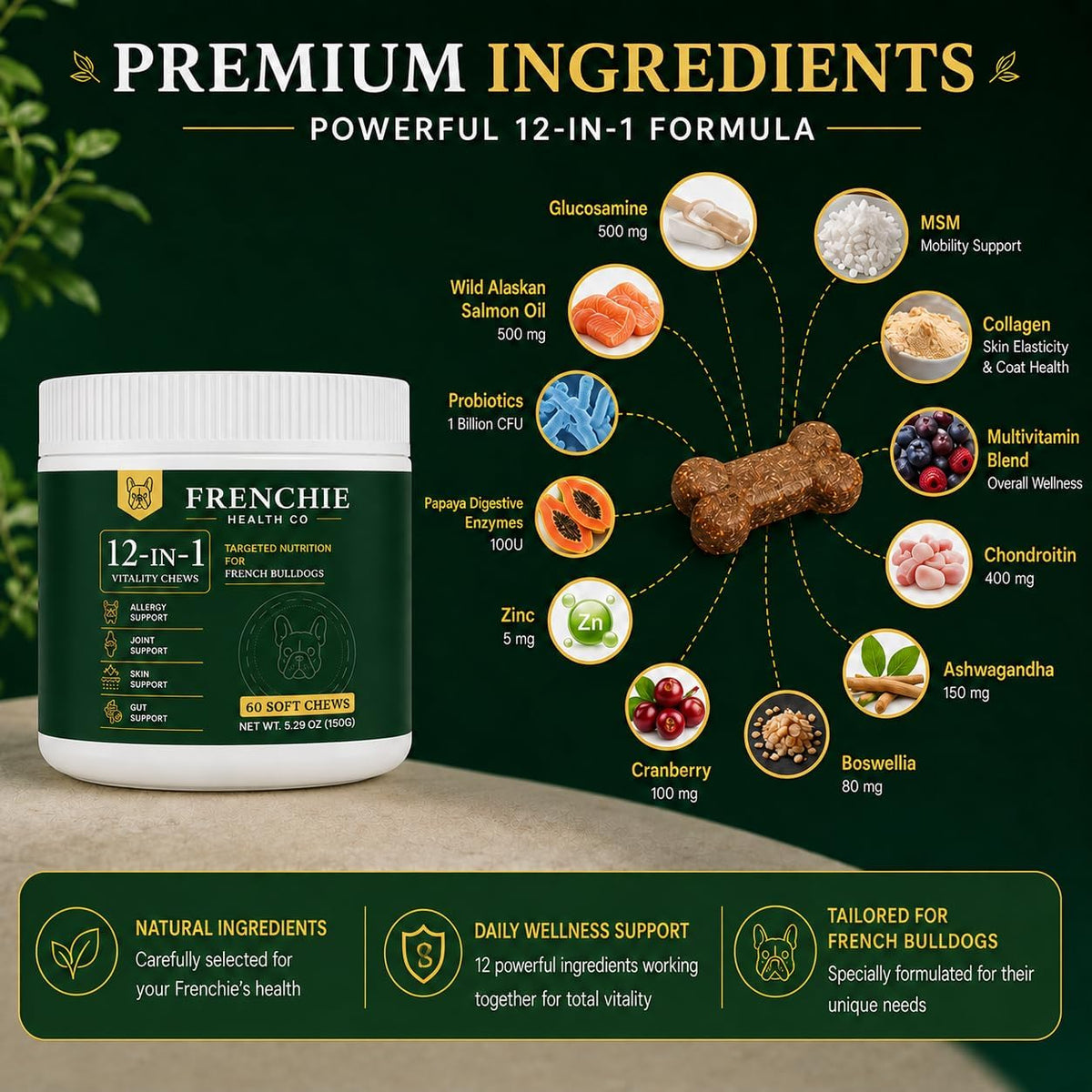 frenchie health co 12-in-1 daily health chews shown in use