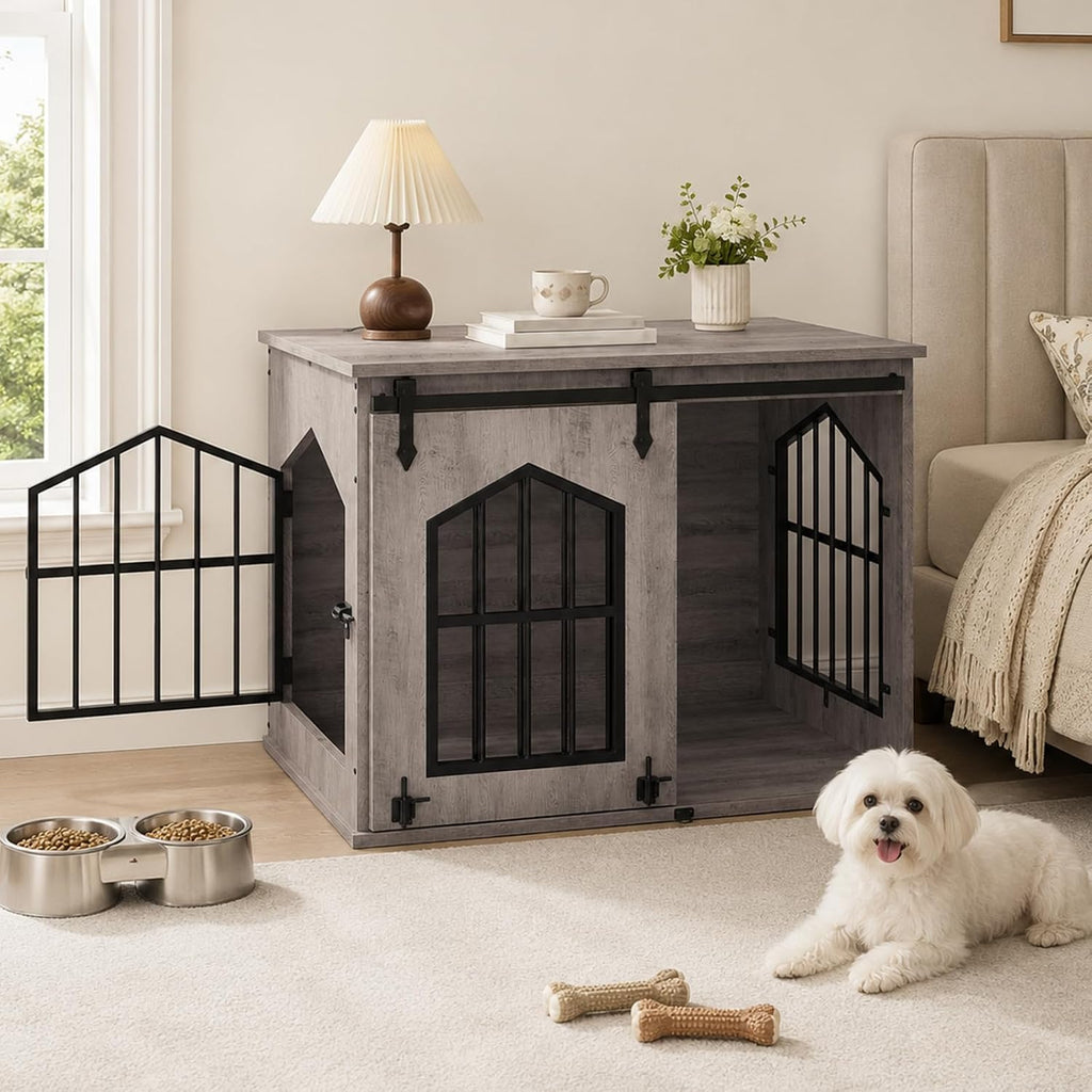 mahancris dog crate furniture, 31.5" farmhouse dog kennel shown in use