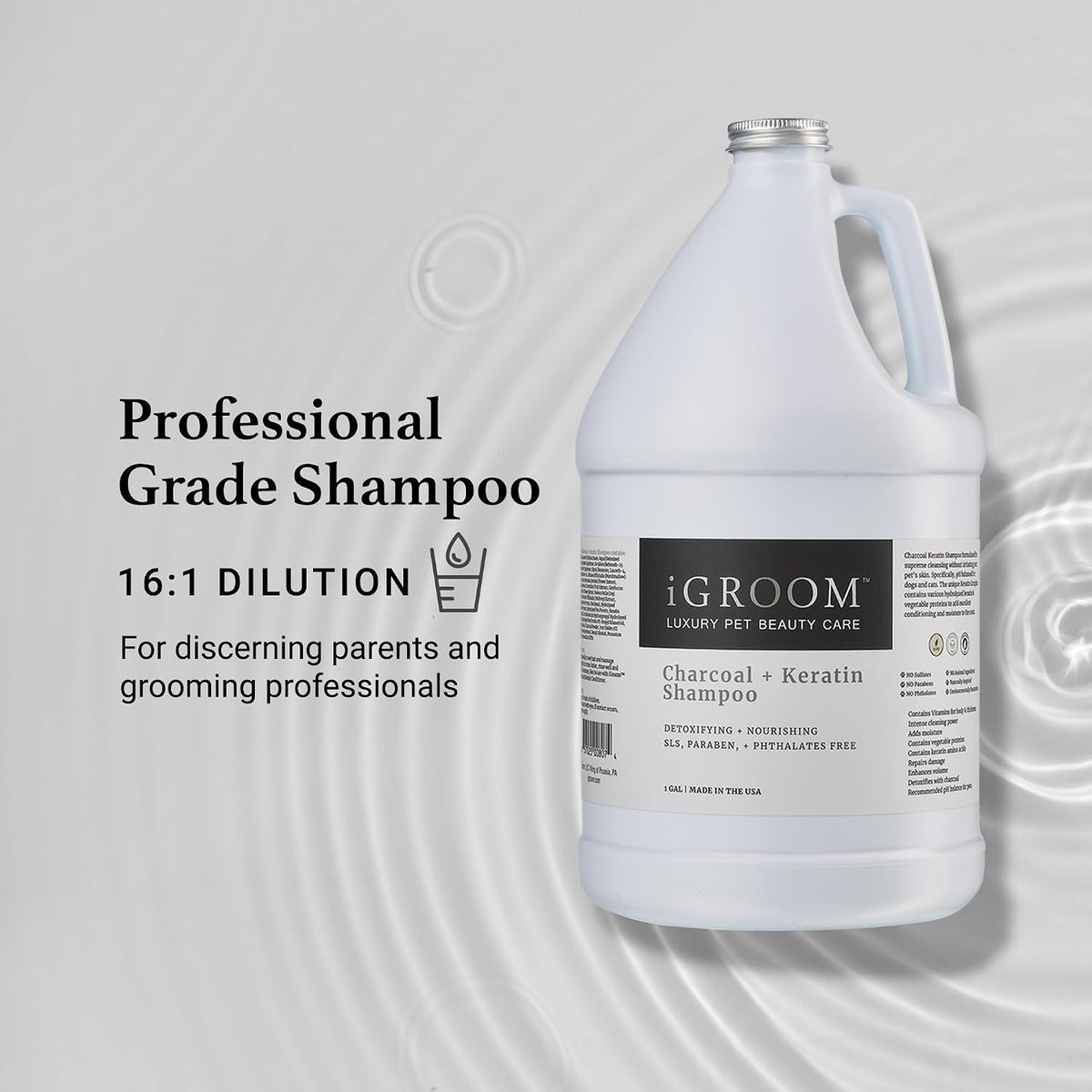 igroom charcoal keratin dog shampoo, luxury pet beauty, side view