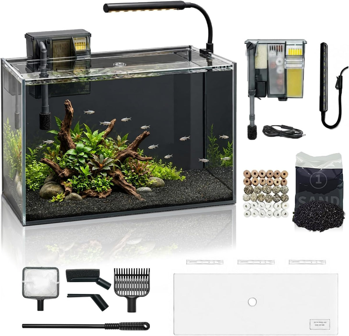 10 gallon fish tank set glass dark background, main product view