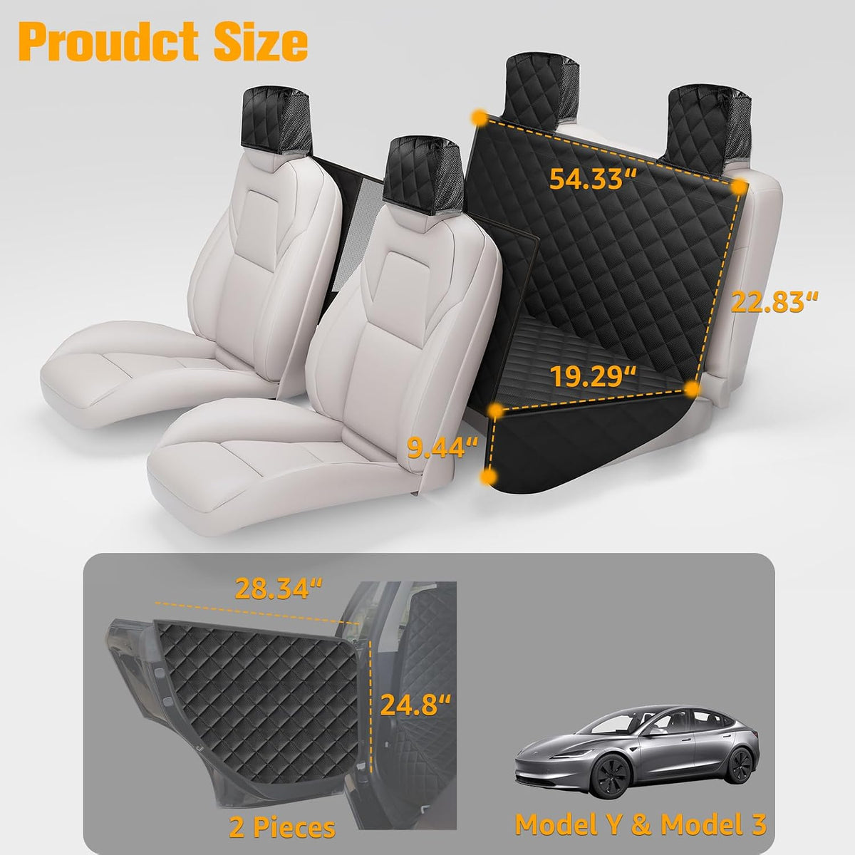 peticon dog seat cover for tesla model 3 showing dimensions