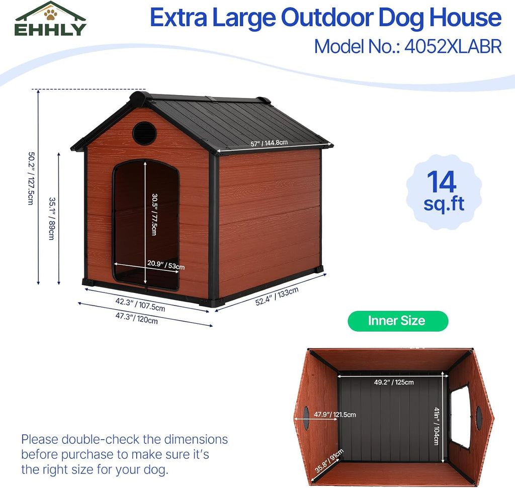 ehhly 57" extra large dog house outdoor,durable resin shown in use