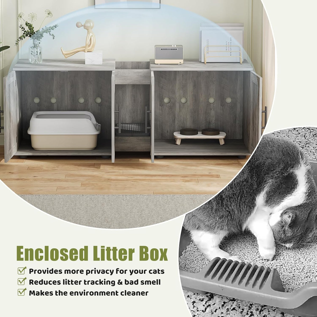 gaomon litter box enclosure with double cage, grey showing dimensions