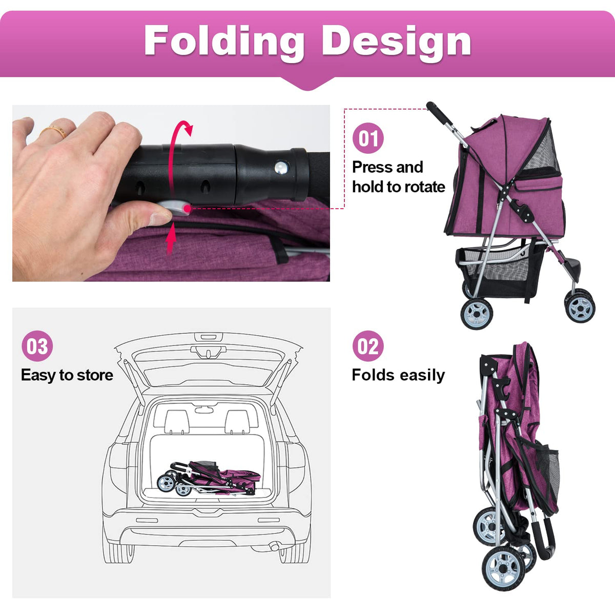 bestpet | 3-wheel foldable pet stroller | purple, package contents