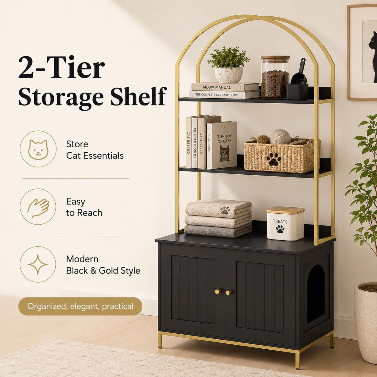 homhedy cat litter box enclosure with 2-tier shelves shown in use