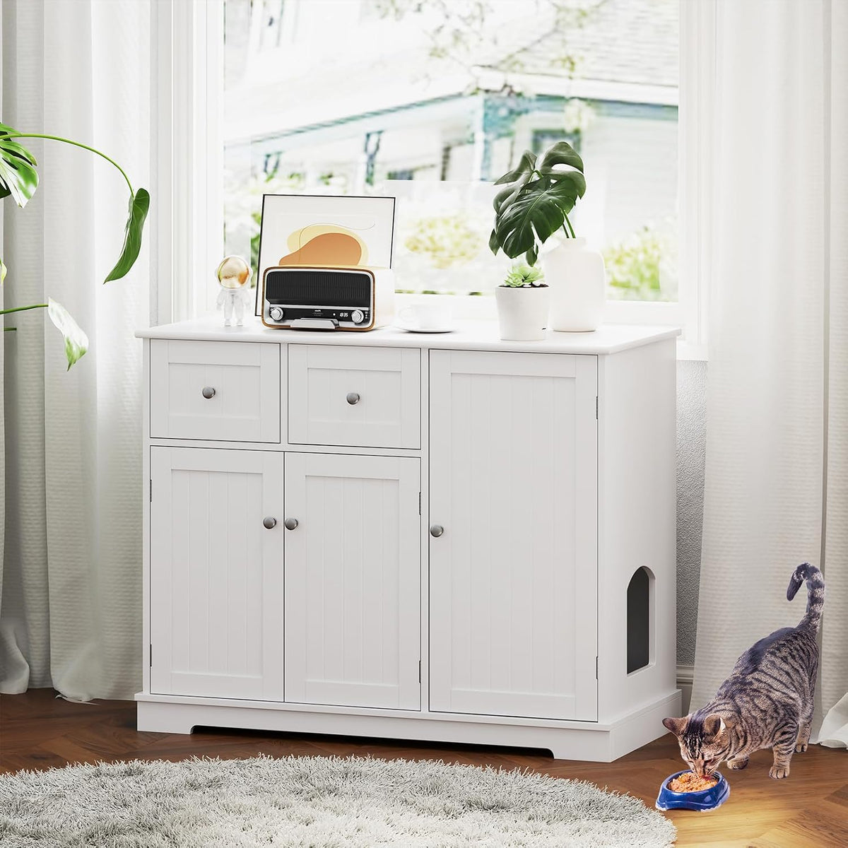 petsite white cat litter box enclosure, modern hidden shown in use