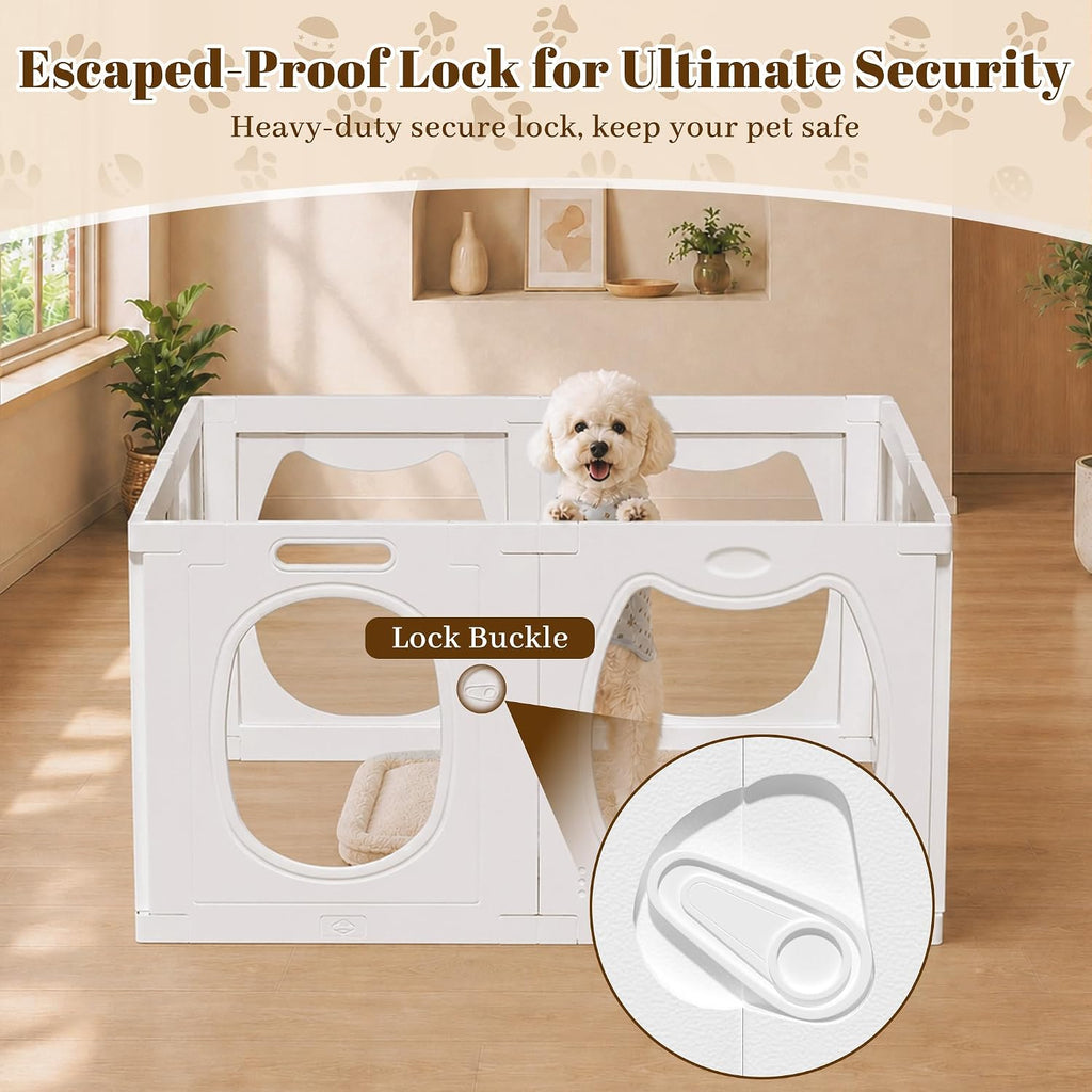 clear acrylic dog playpen indoor with toy &, side view