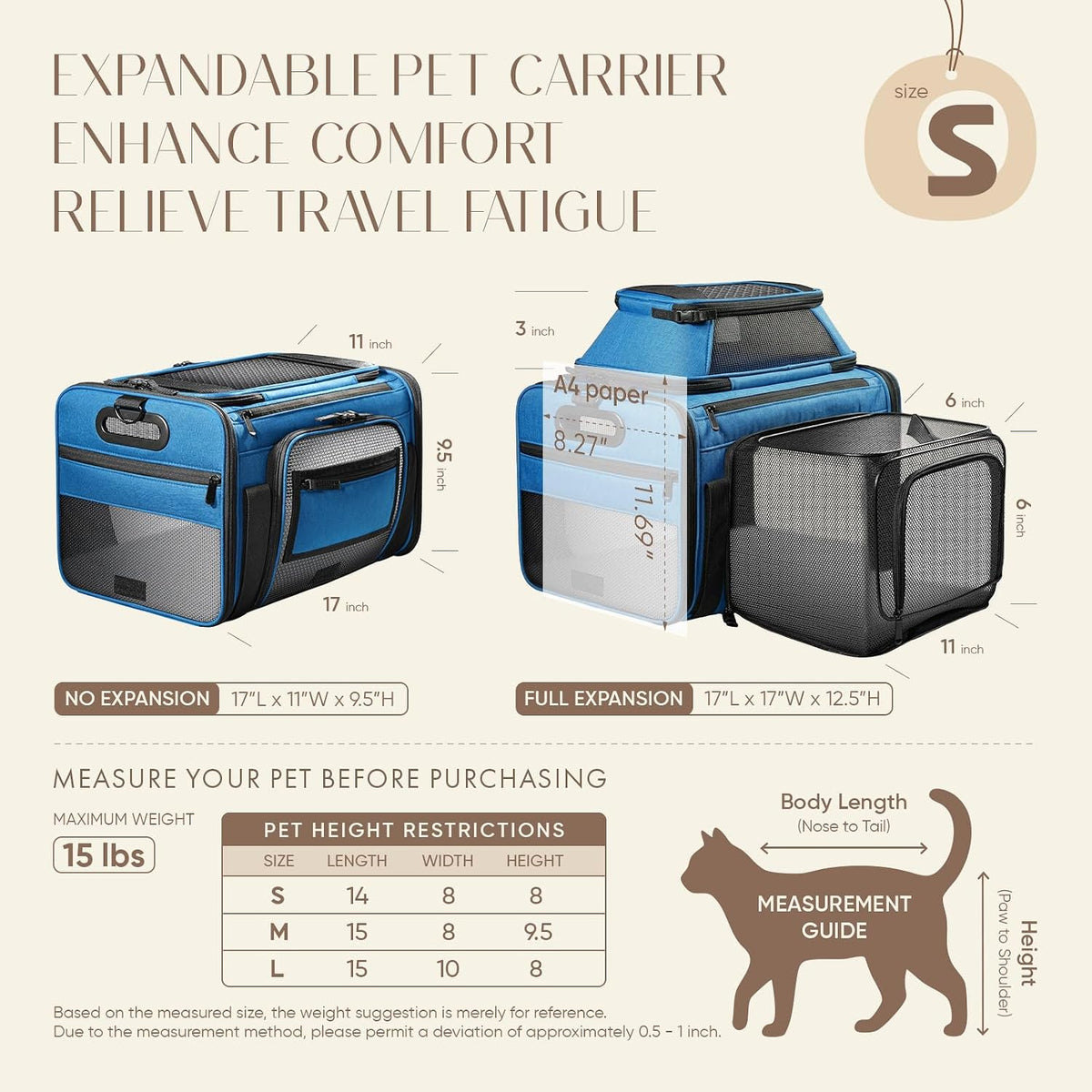 top-side expandable pet carrier, treat window,17x11x9.5 airline approved, side view