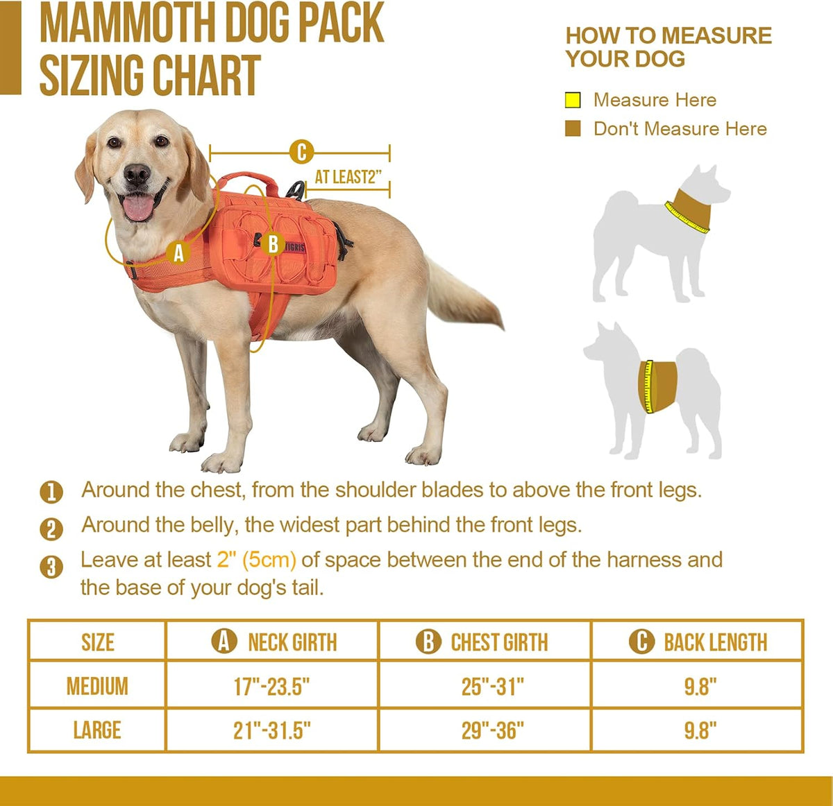 onetigris dog backpack for medium & large dogs showing dimensions