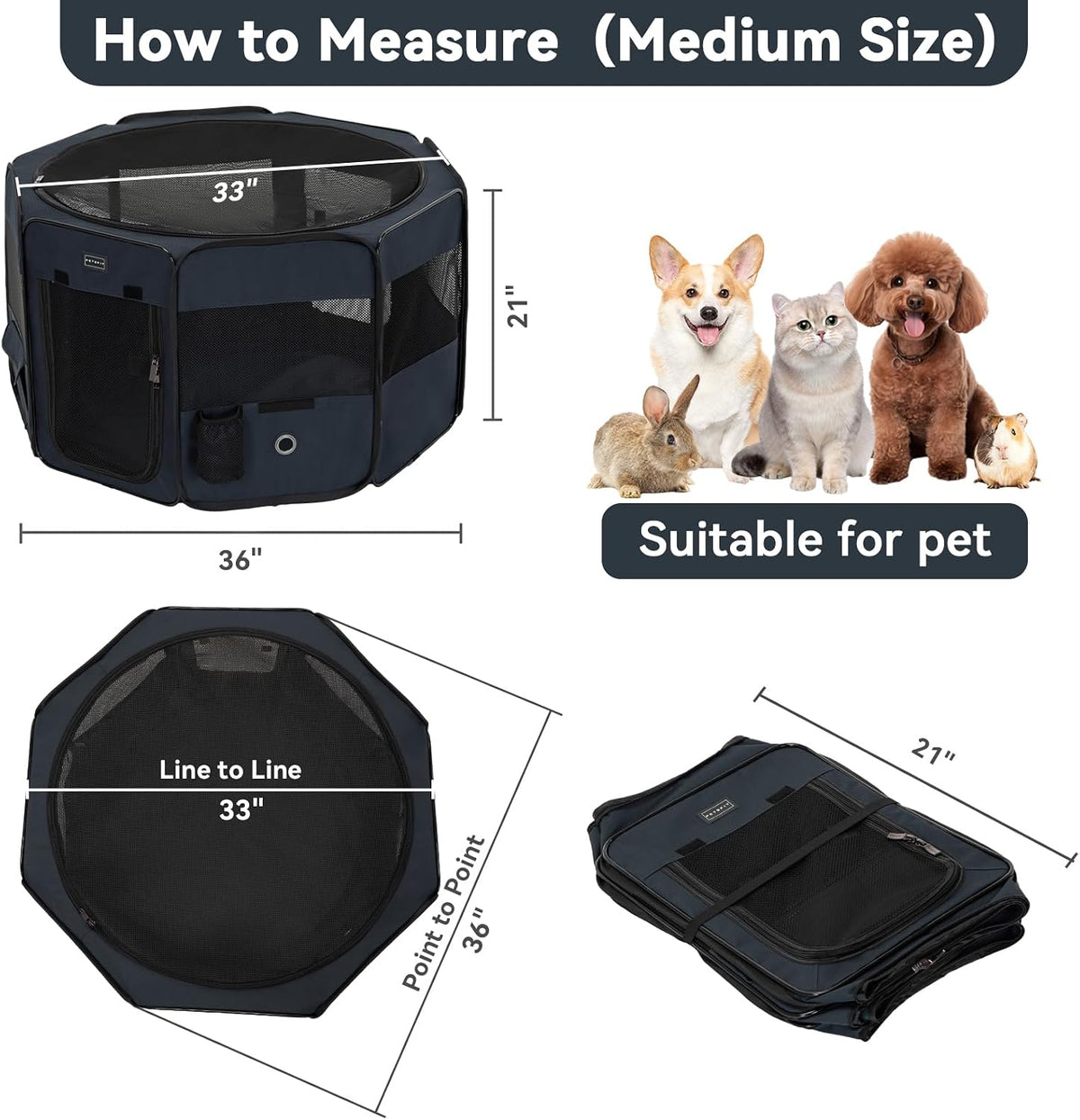 petsfit 36" dog playpen with dual zipper doors showing dimensions