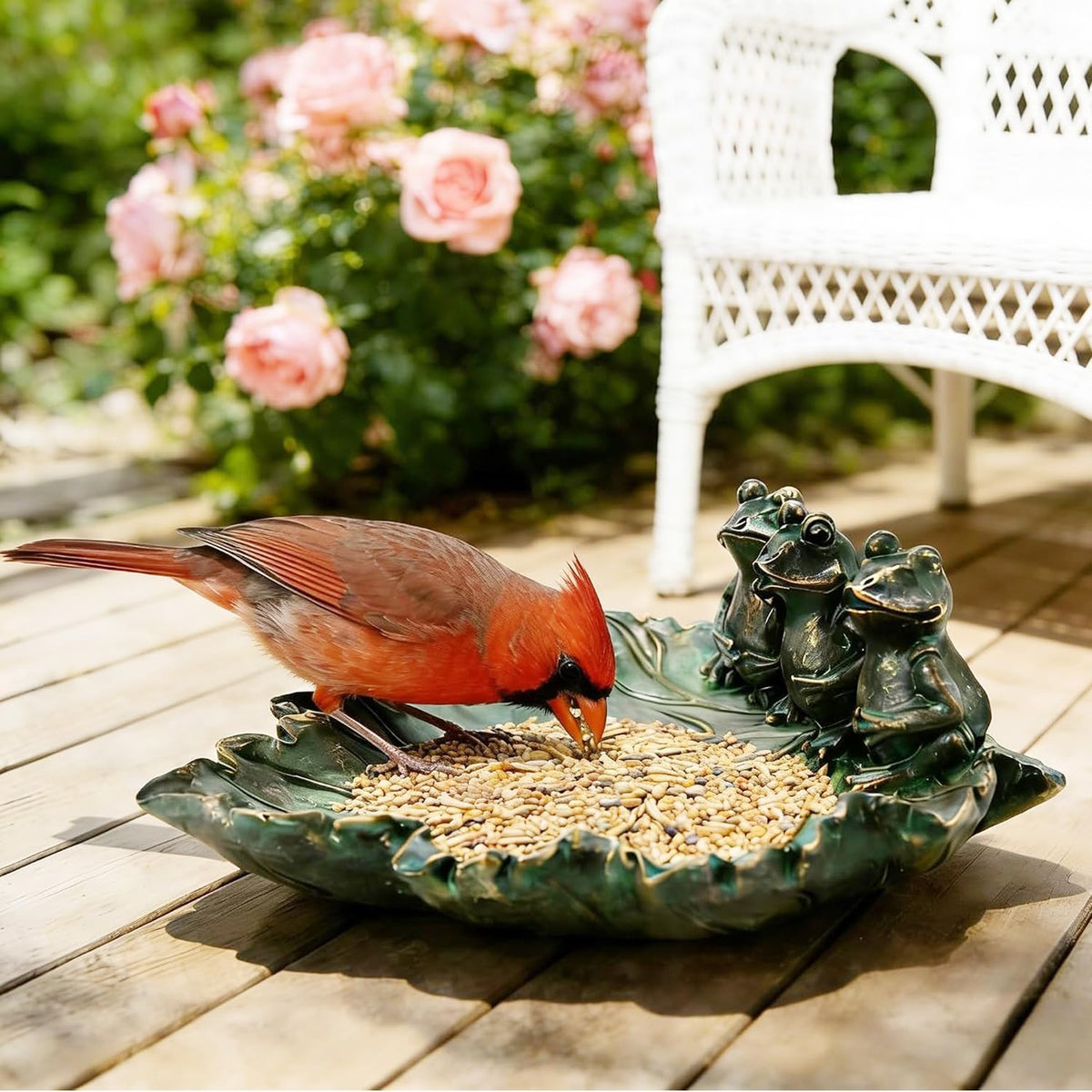 bronze wild bird feeders for outside frog bird shown in use