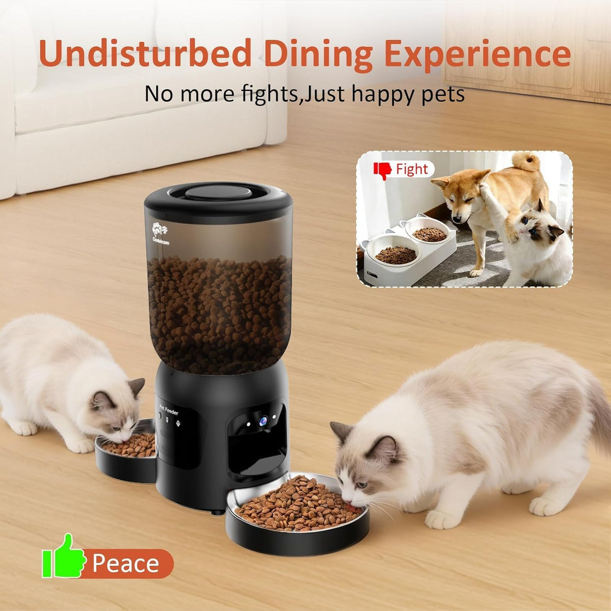 automatic cat feeder with two hd camera for, close-up detail