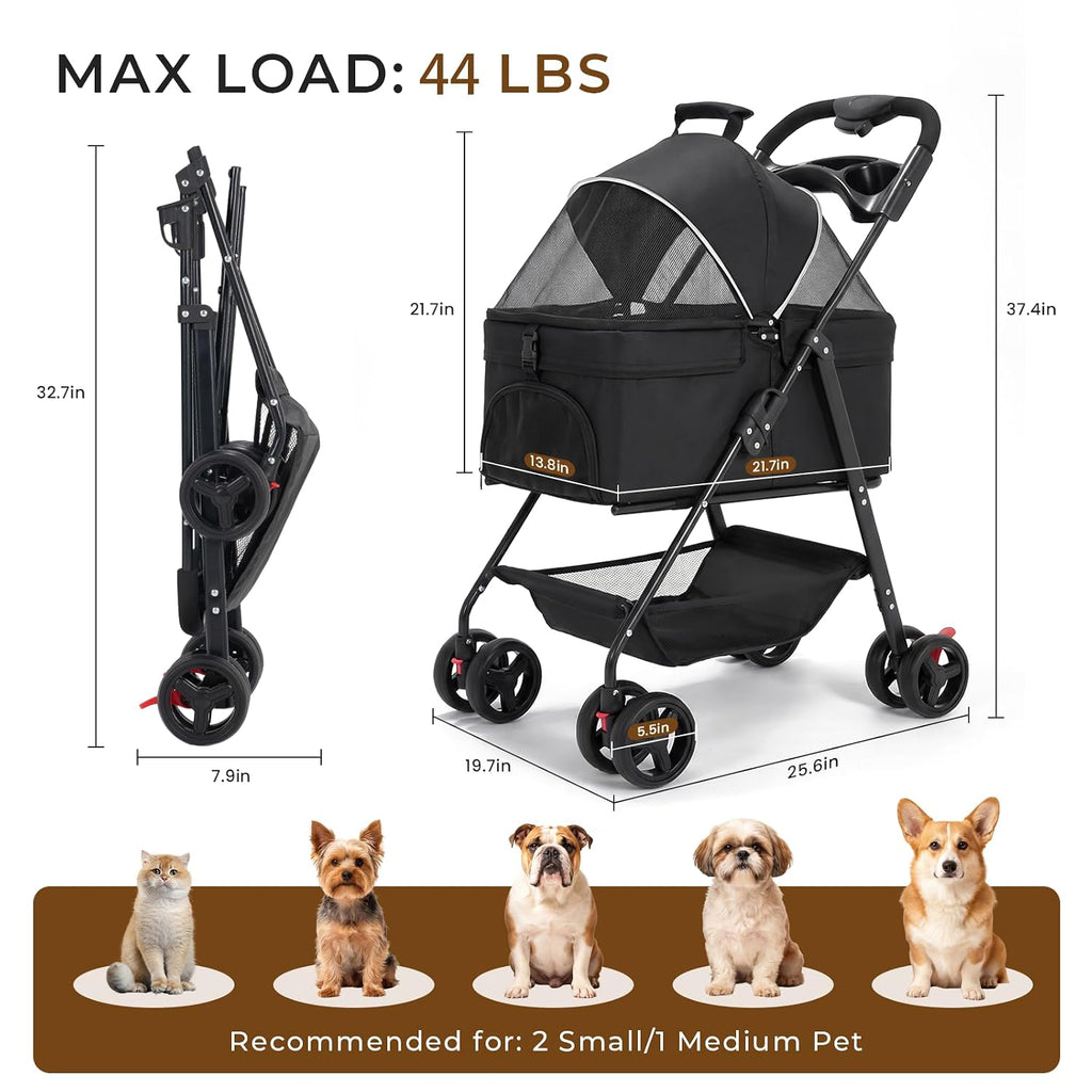 4-wheel pet stroller for small medium dogs cats shown in use