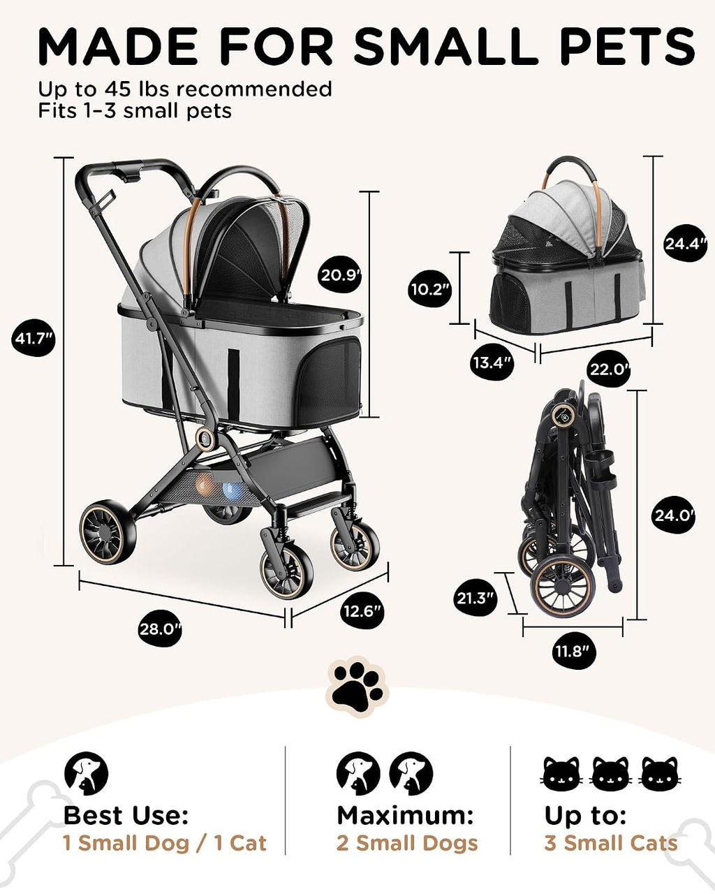 gtplayer pet stroller for dogs & cats, 3-in-1, side view
