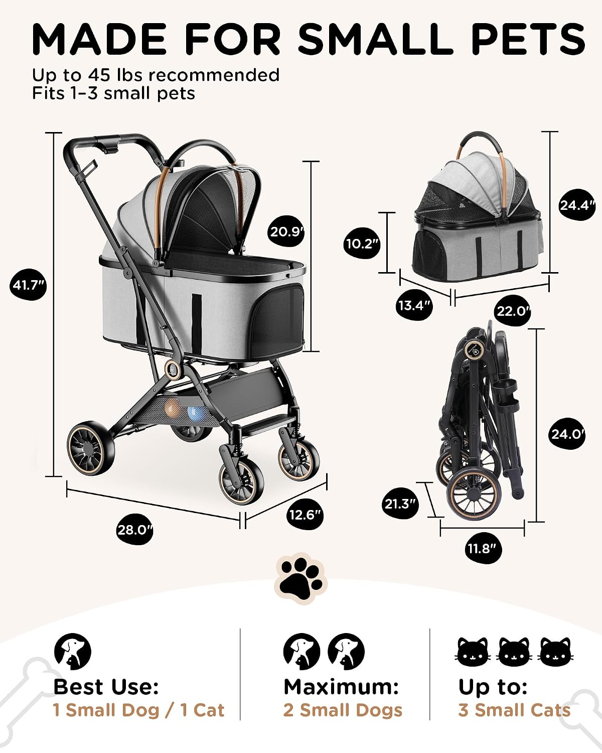 gtplayer pet stroller for dogs & cats, 3-in-1, side view