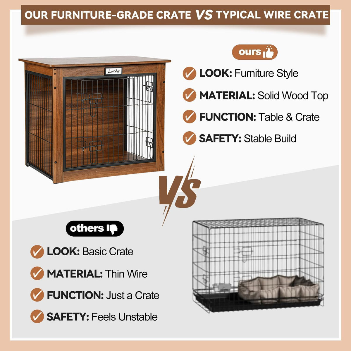 walnut dog crate furniture with reversible side door, package contents