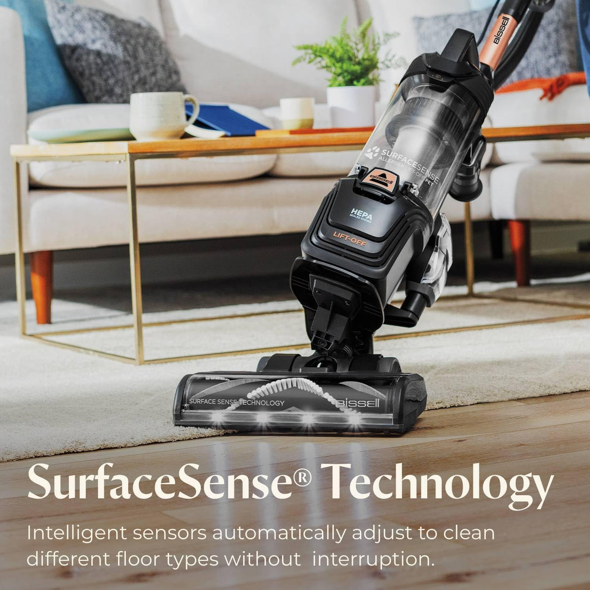 bissell surfacesense allergen lift-off pet upright vacuum, 3418 shown in use