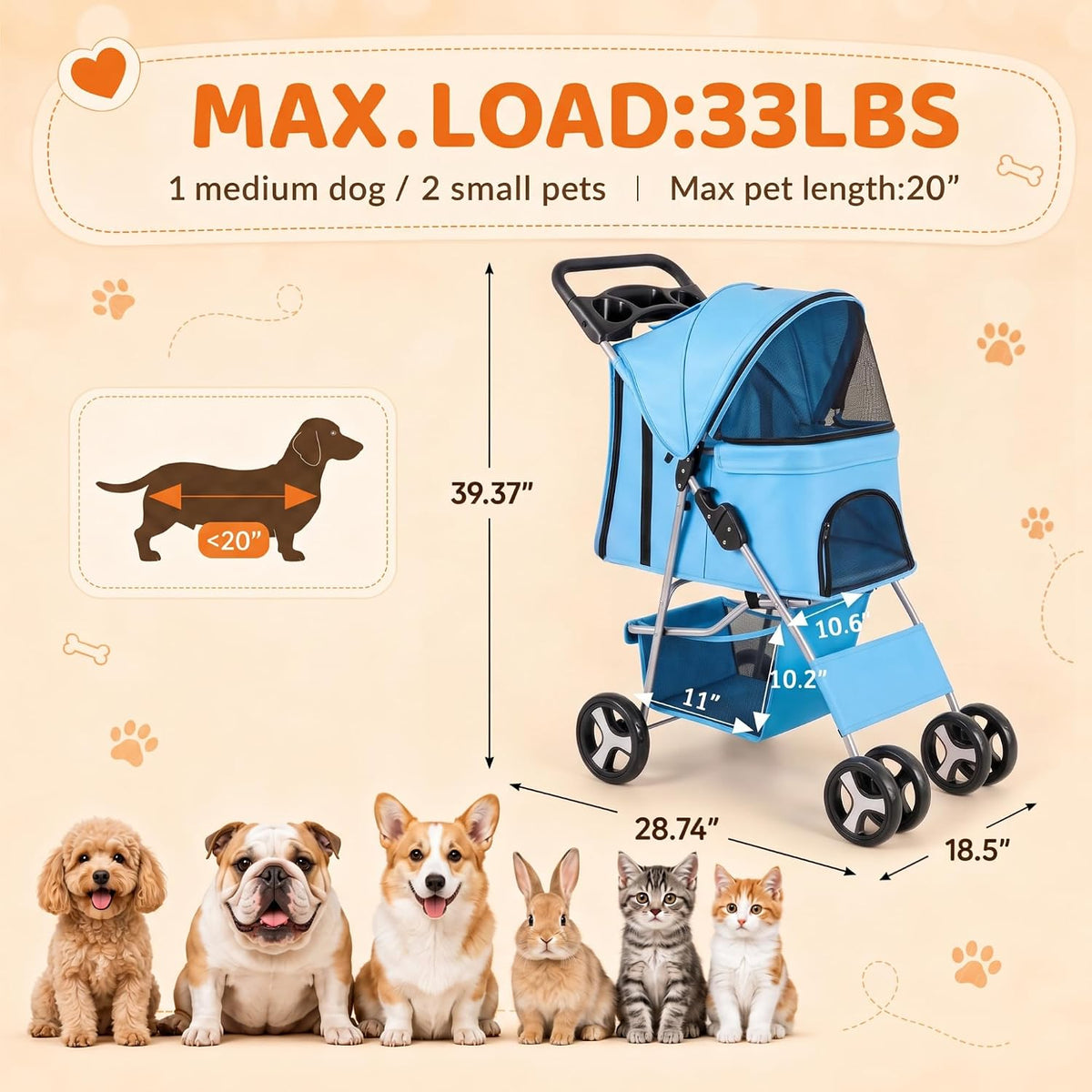 zeny foldable pet stroller, cat/dog stroller with 4, package contents