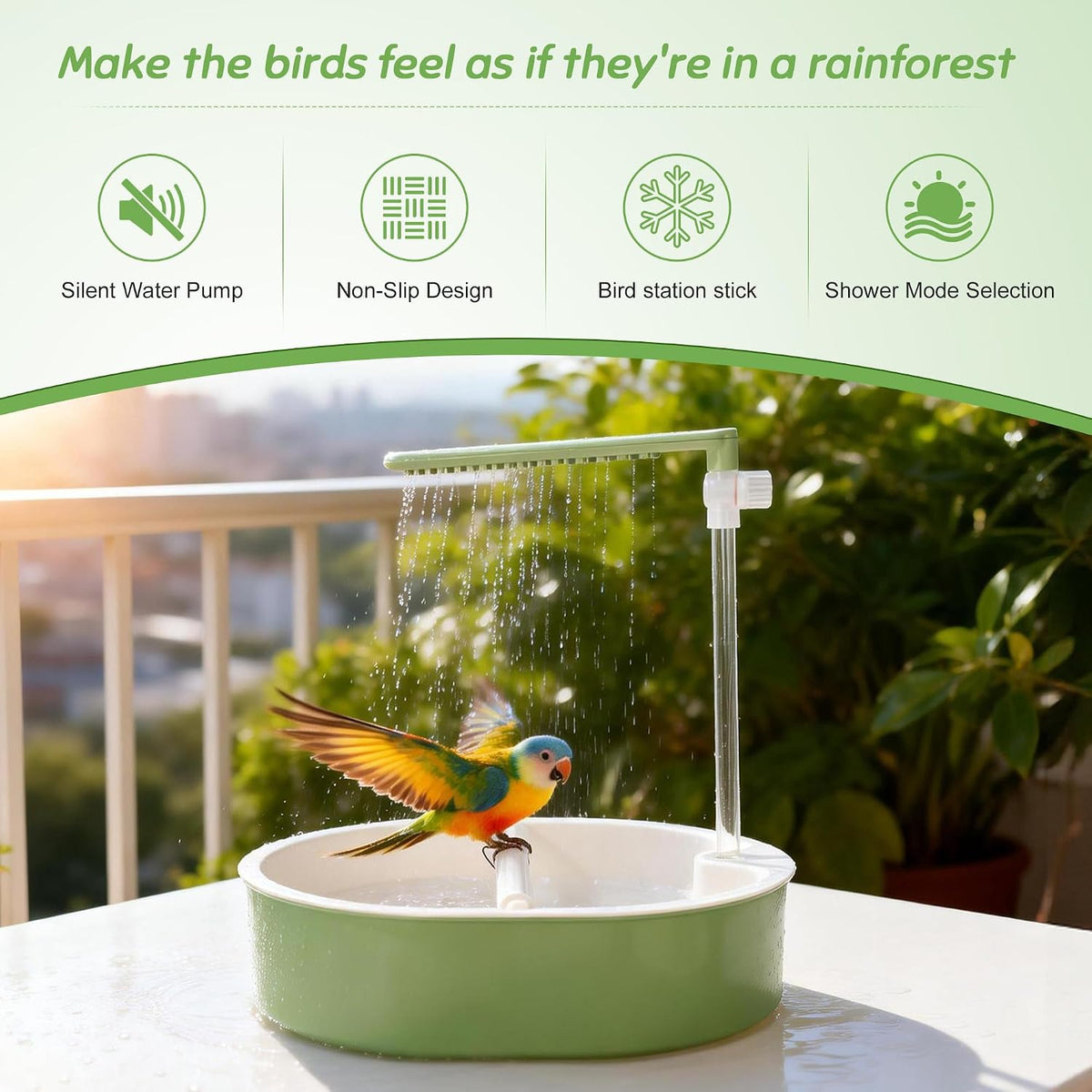 automatic parakeet bird bath, fountain birdbath with usb showing dimensions