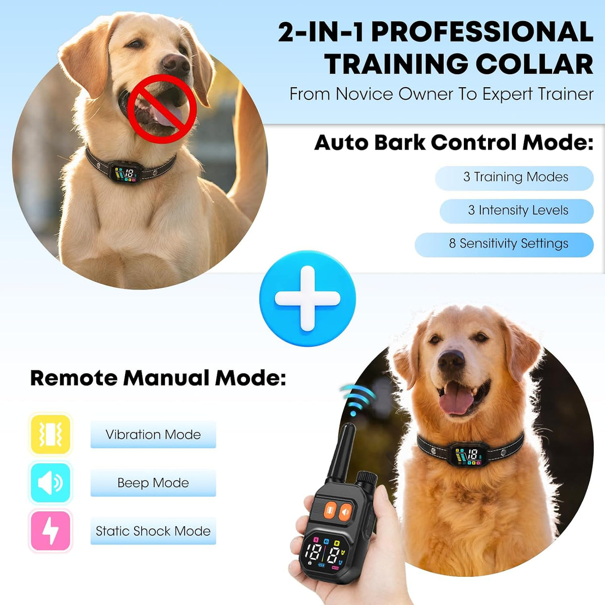 dog bark collar with remote: 2-in-1 bark & shown in use