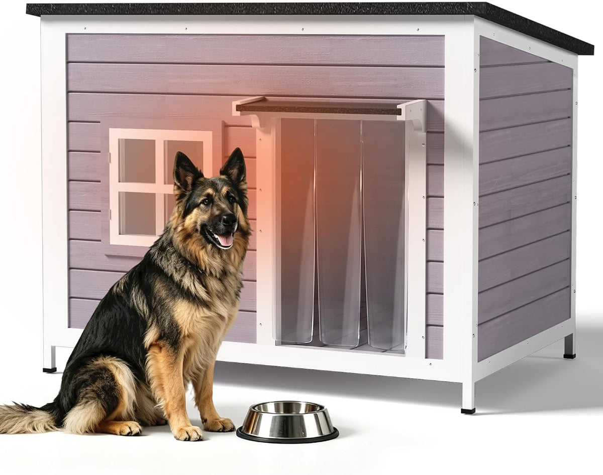 43" insulated large outdoor dog house, grey, front angle view