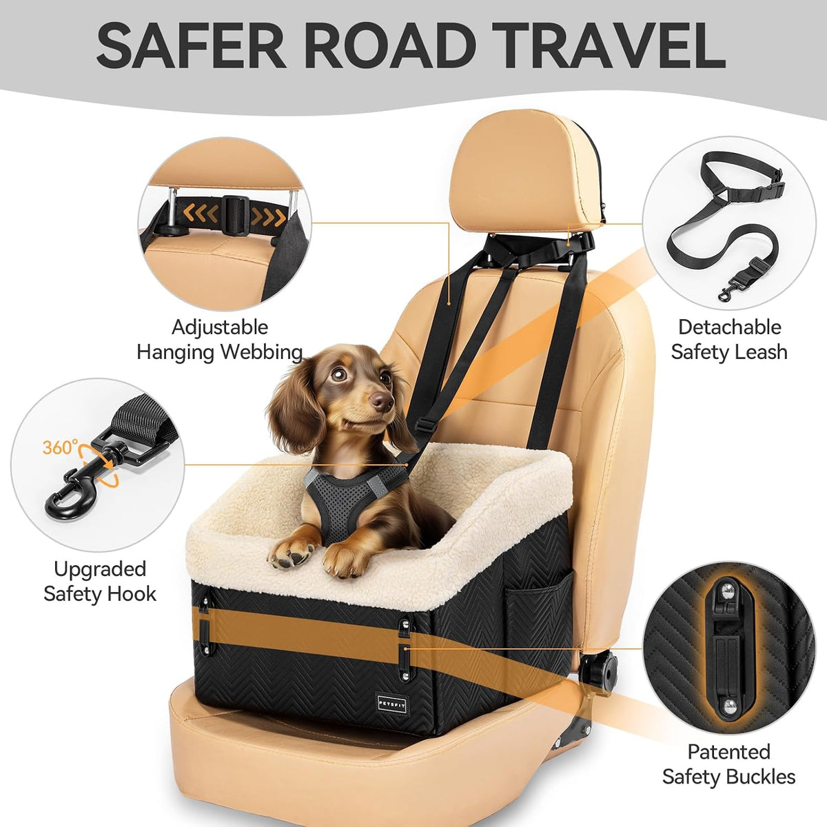 petsfit small dog car seat, waterproof pu leather, side view