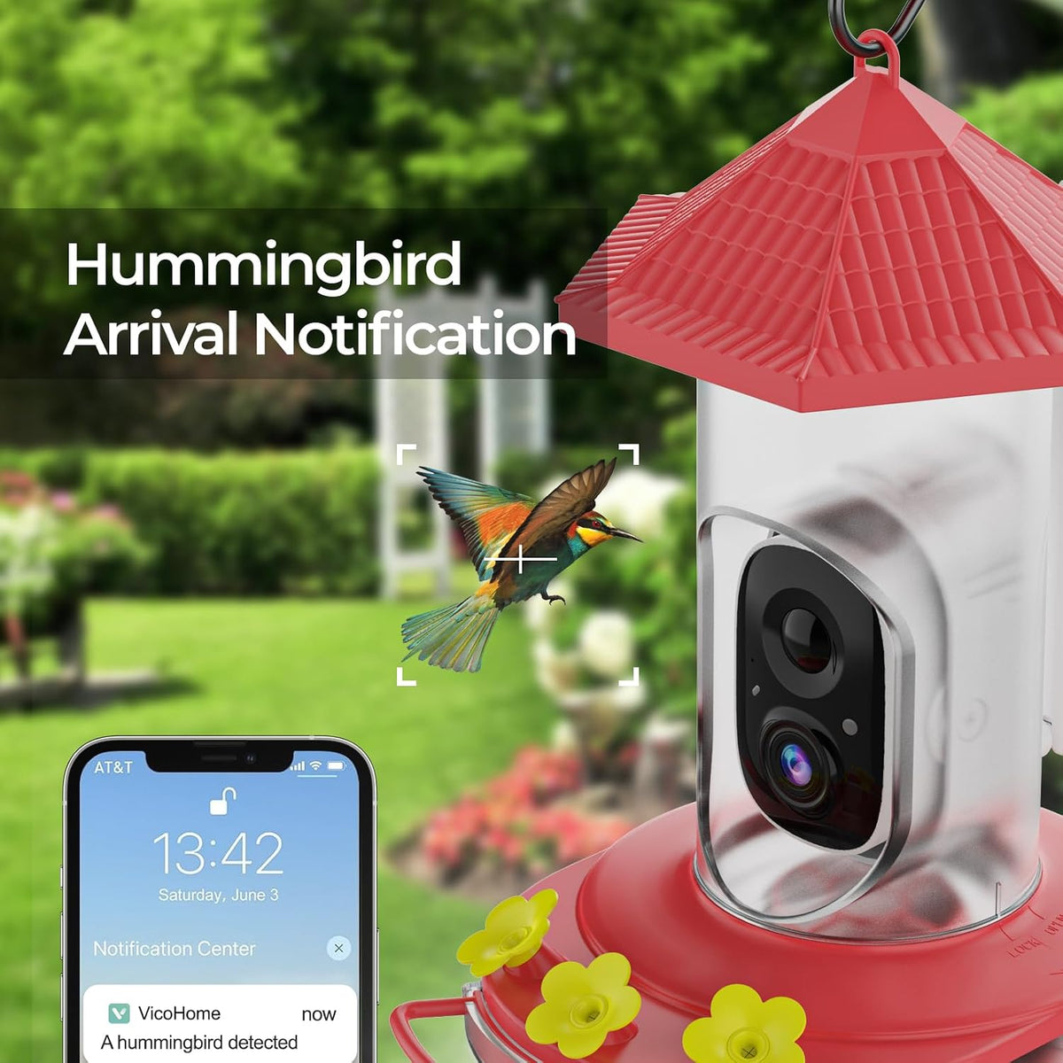 smart hummingbird feeder with camera, wireless bird feeders shown in use