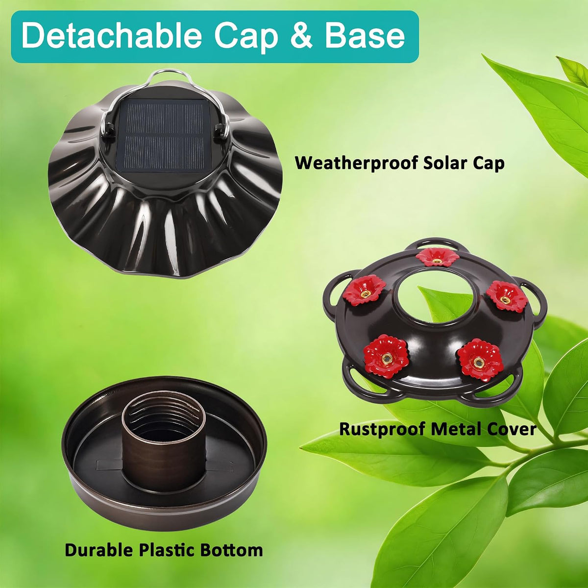 lujii solar hummingbird feeder for outdoor hanging, rgb, side view