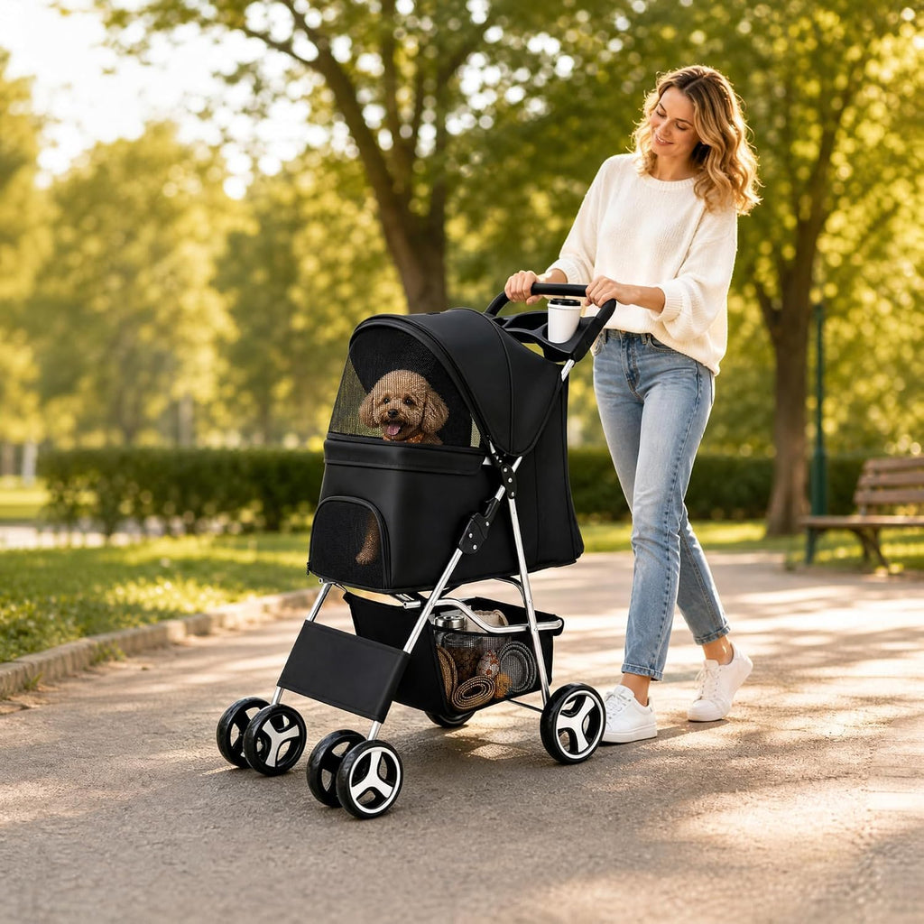 zeny foldable pet stroller, cat/dog stroller with 4 shown in use