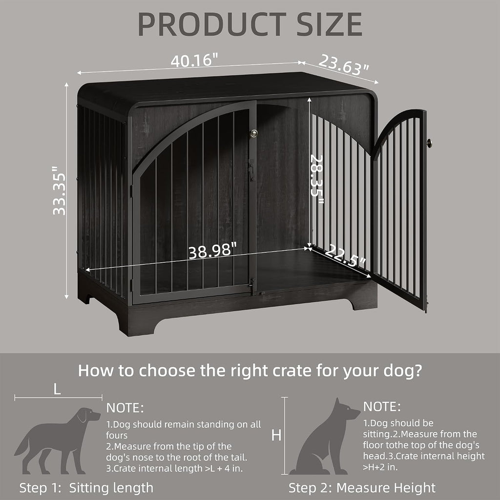 40" farmhouse dog crate furniture for large/medium dogs shown in use