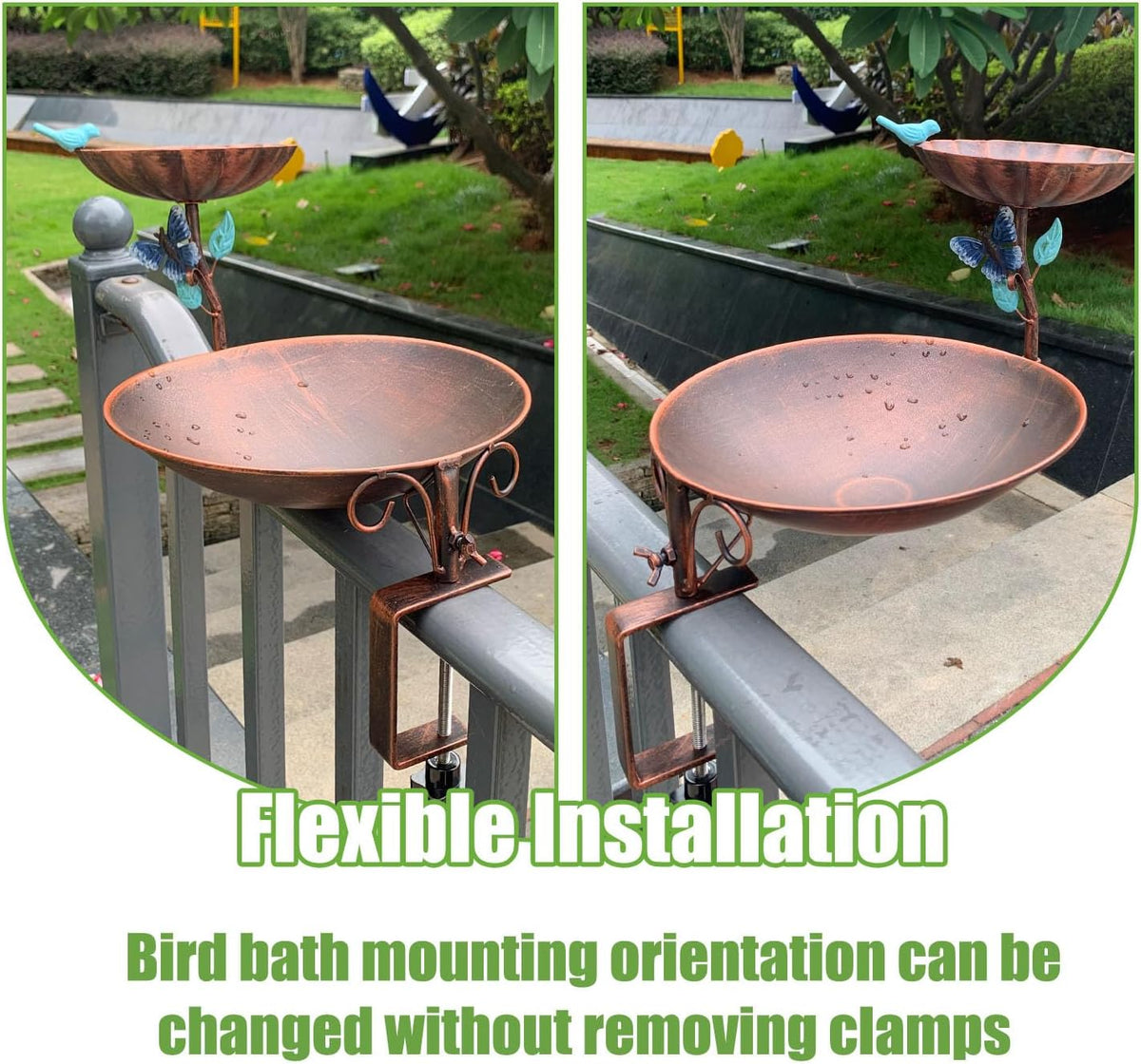 deck mounted bird bath and feeder for balcony shown in use