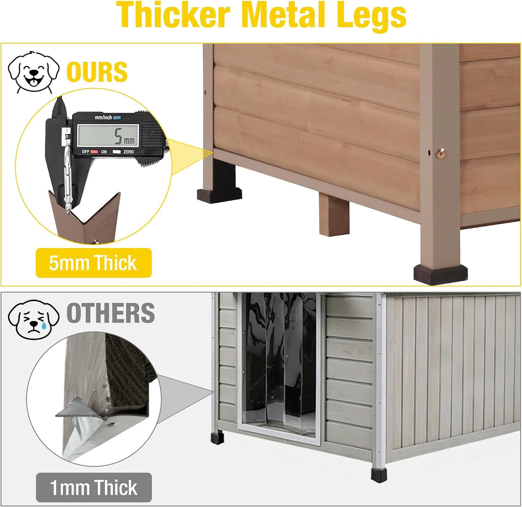 outside chew-resistant heated dog house with metal frame showing dimensions