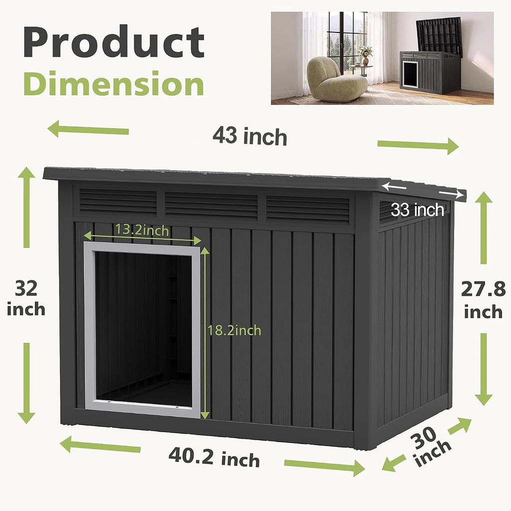 fancyango outdoor dog house for large dogs, outside showing dimensions