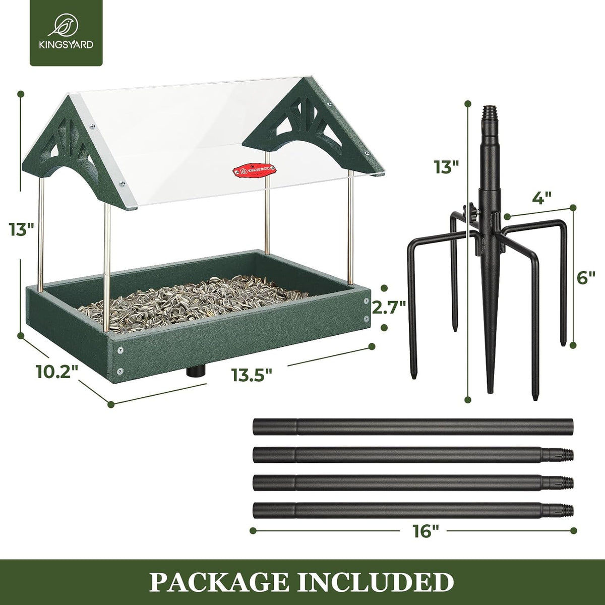kingsyard large freestanding platform bird feeder for outside showing dimensions