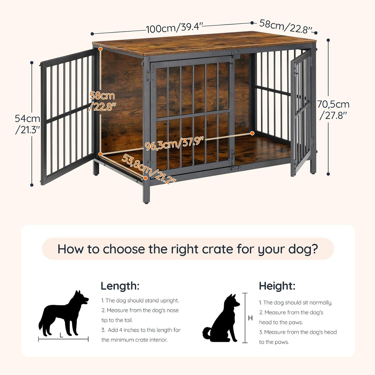 hoobro heavy duty dog crate furniture, 39.4" wooden, side view