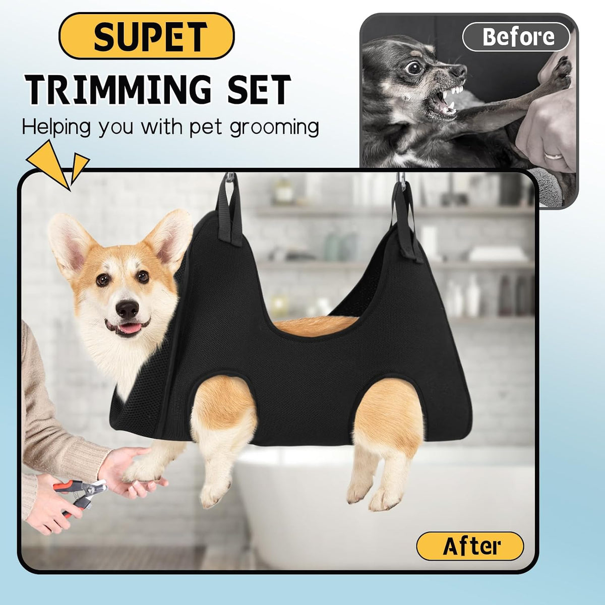 supet dog grooming hammock for nail trimming, pet shown in use