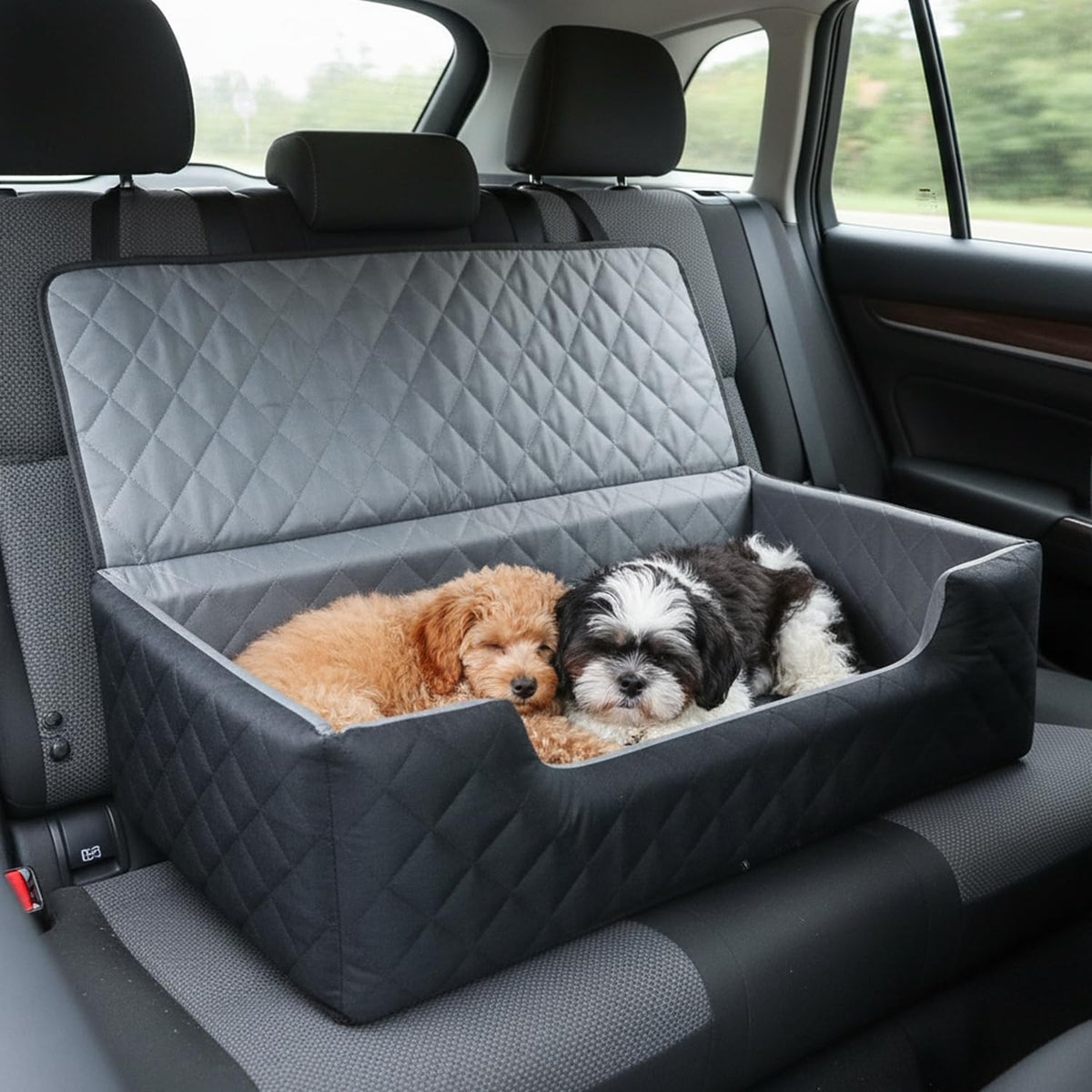 black large dog car seat for medium or shown in use