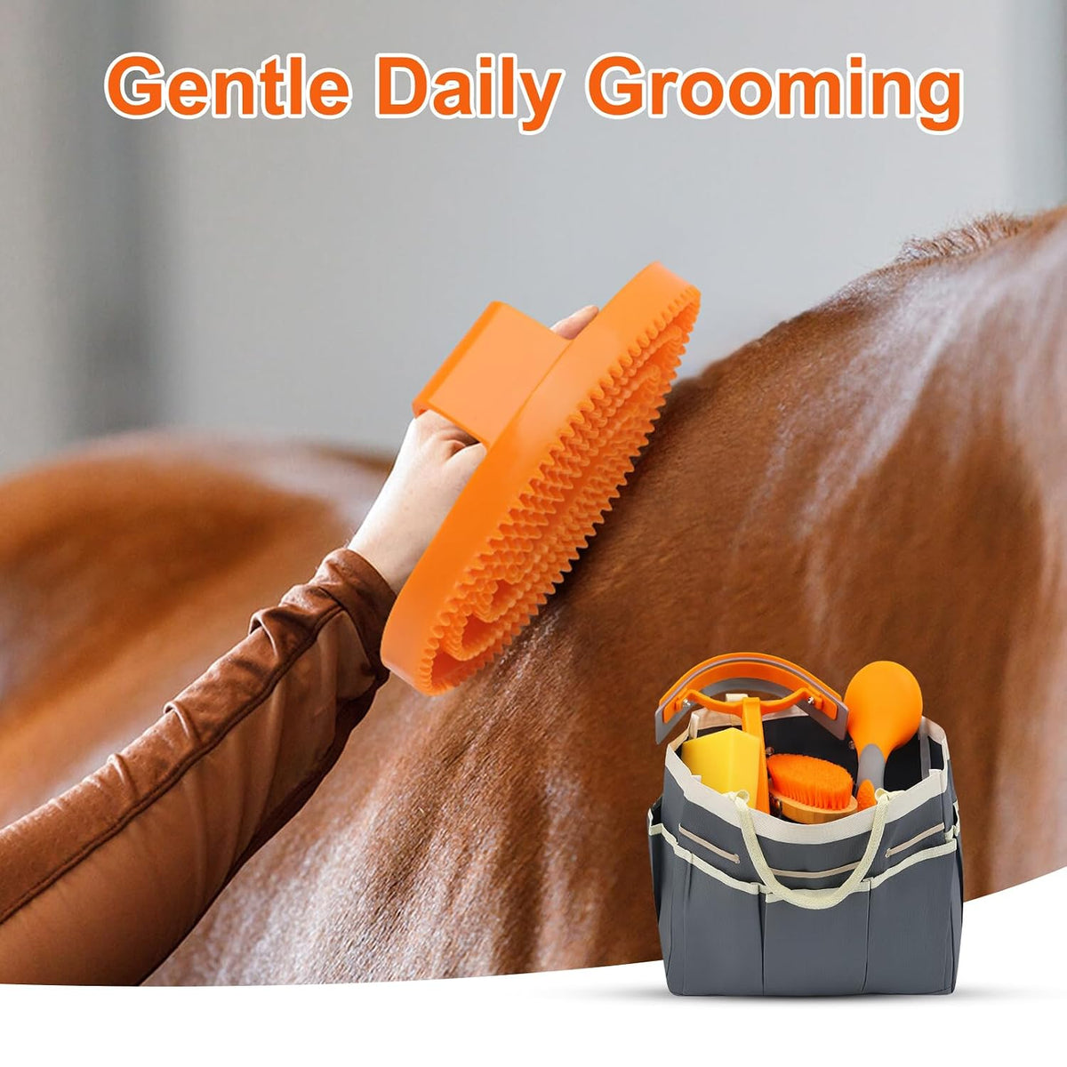 horse grooming kit, 12-piece horse brush set with shown in use