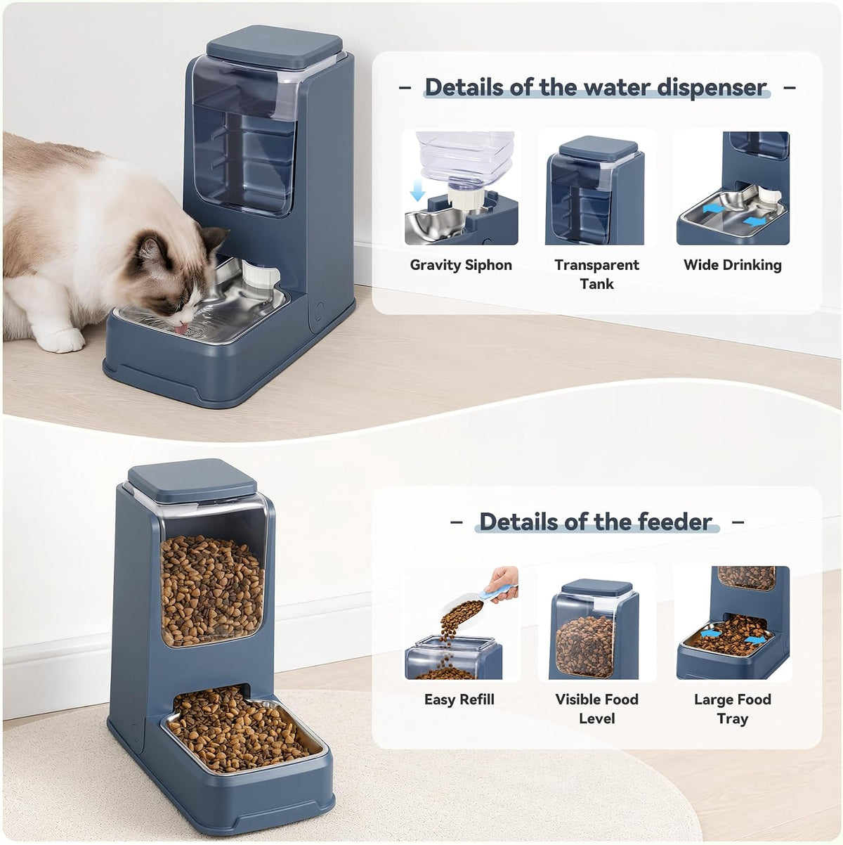 automatic cat feeder stainless steel gravity food and, side view