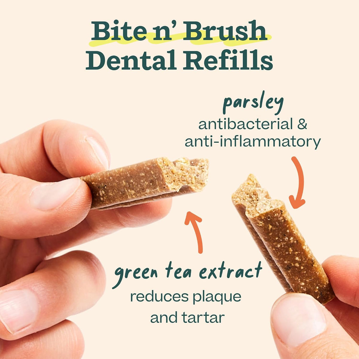 woof bite n' brush dog dental sticks, refills, close-up detail