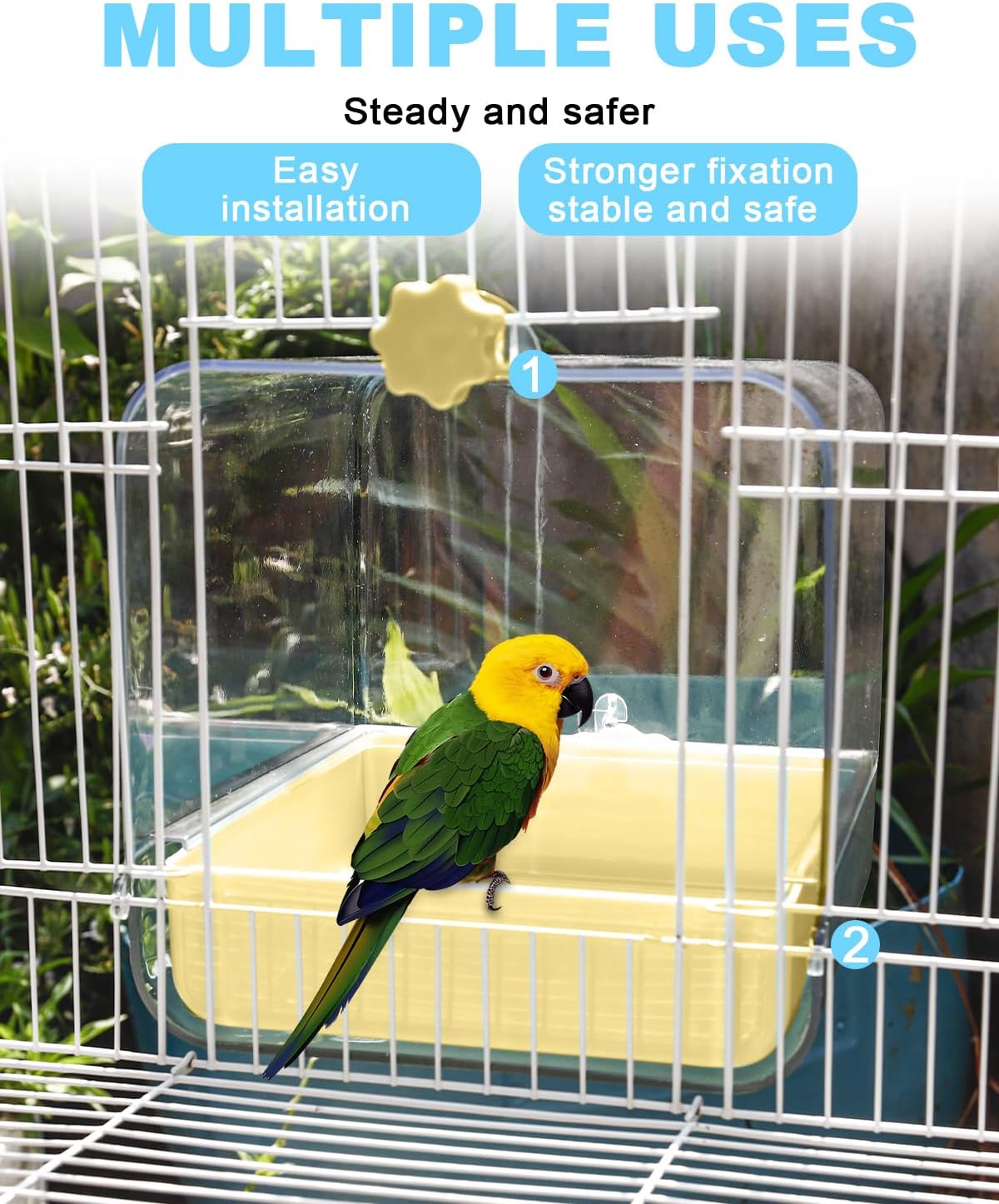 hanging bird bath for cage, 3 in 1 shown in use