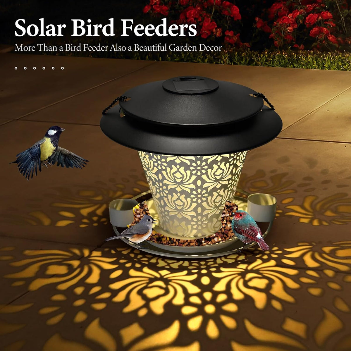 solar bird feeders for outside hanging metal wild, close-up detail